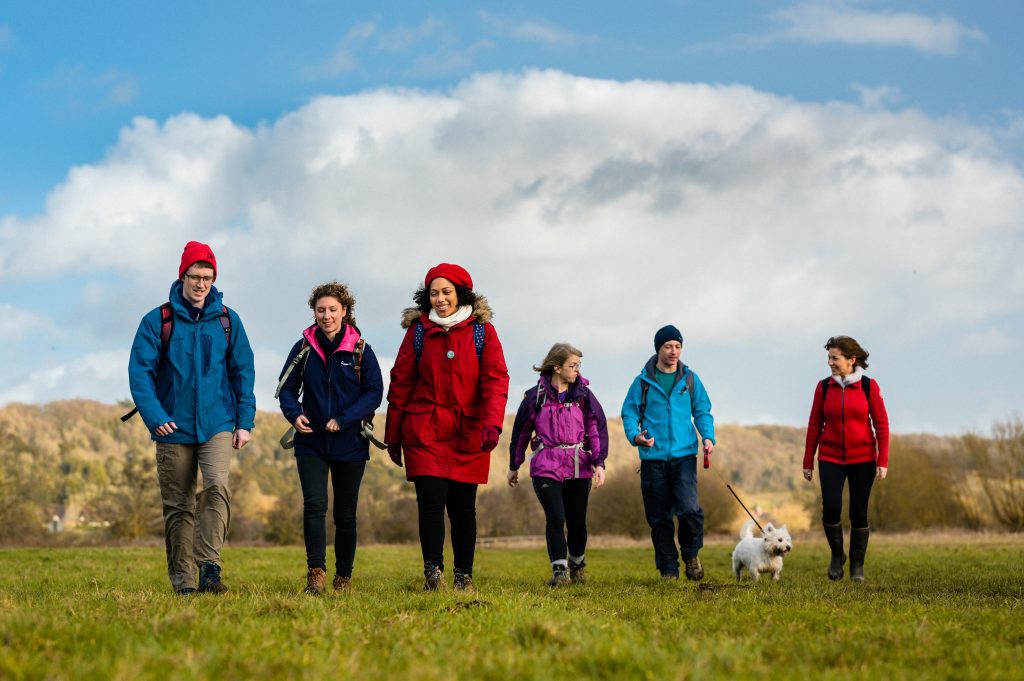 Photo of 6 people and a small dog walking in a field.